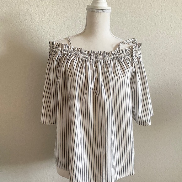 Francesca Blue Rain pinstripe off shoulder shirt - Picture 5 of 9